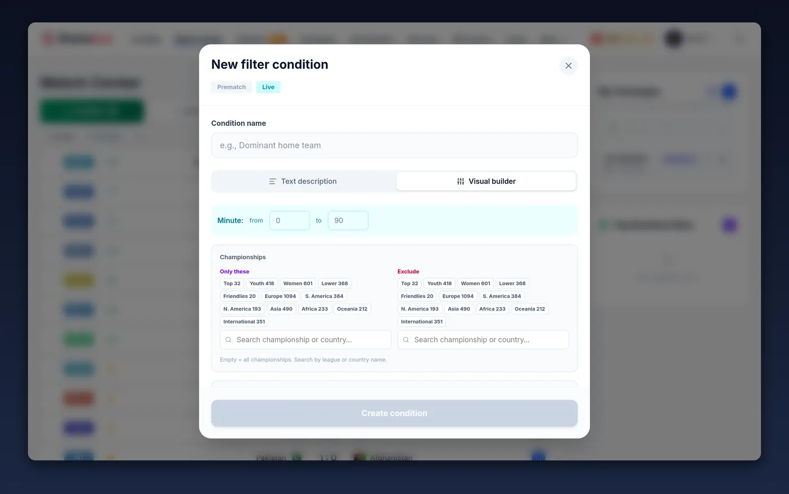 Match Center: filter by conditions